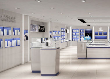 Decoração de cor azul Casas de exposição de showroom Madeira e vidro temperado