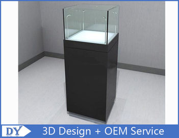 Caixa de visualização de jóias em vidro preto brilhante, quadrado, pedestais com armário.