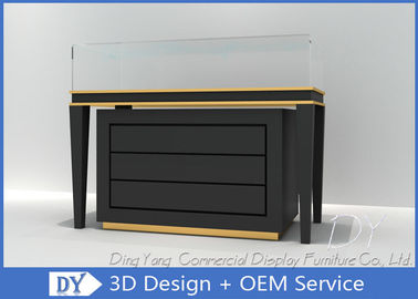 Caixa de vidro de loja de ouro comercial preto com madeira MDF + vidro temperado + luzes